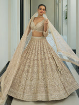Beige net embroidered bridal lehenga choli for engangement