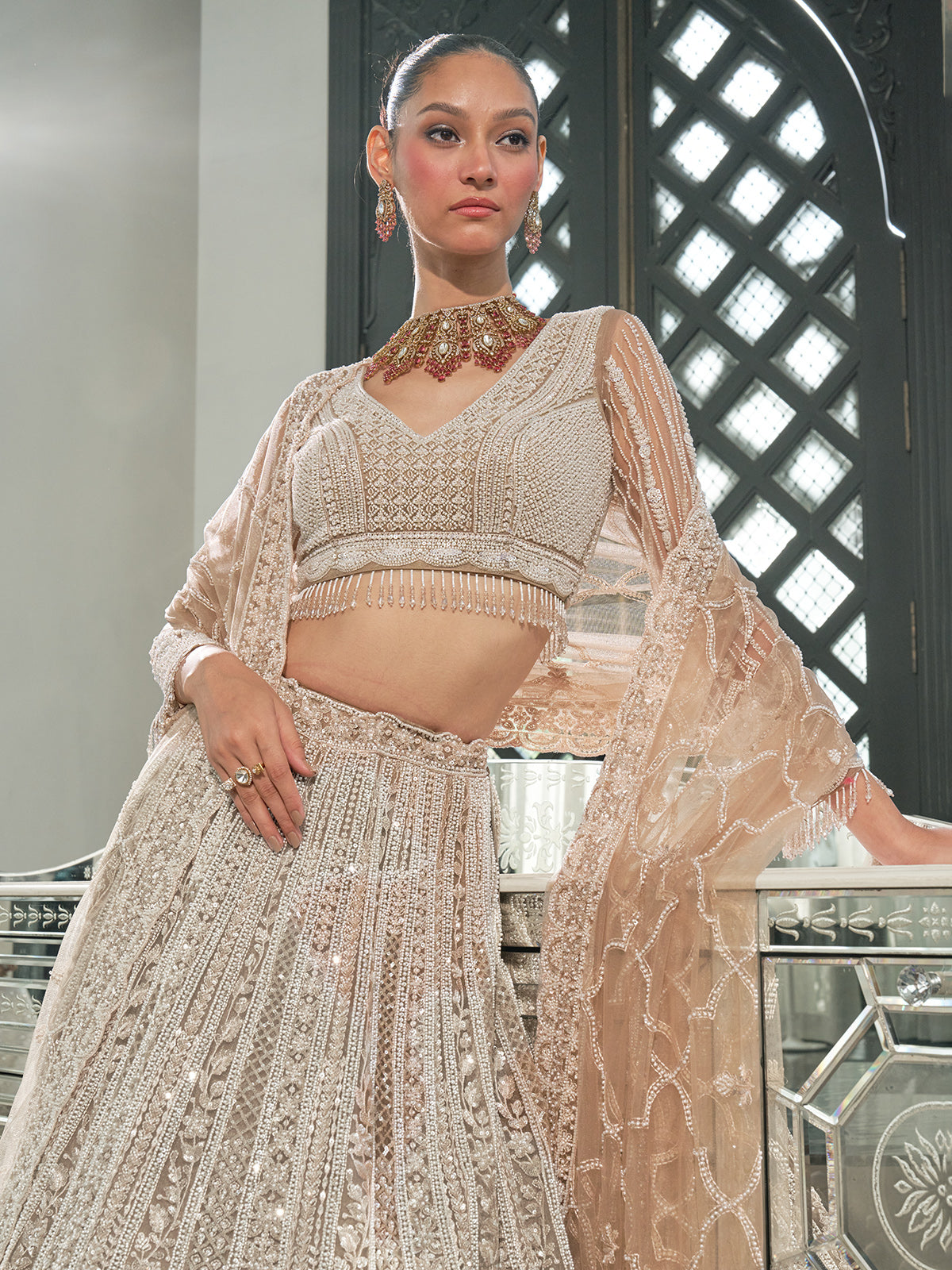 Champagne gold net designer lehenga choli with cutdana detail