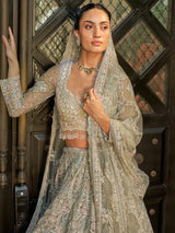 Mint blue net lehenga choli with floral resham and sequin work