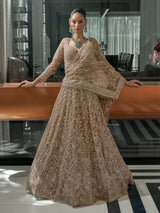Dark beige net bridal lehenga choli for reception