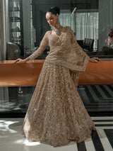 Dark beige net bridal lehenga choli for reception