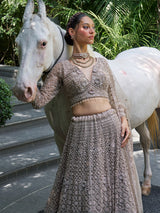 Grey net lehenga choli with sequin, cutdana and floral motifs