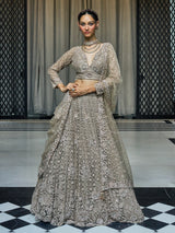 Grey net lehenga choli with sequin, cutdana and floral motifs