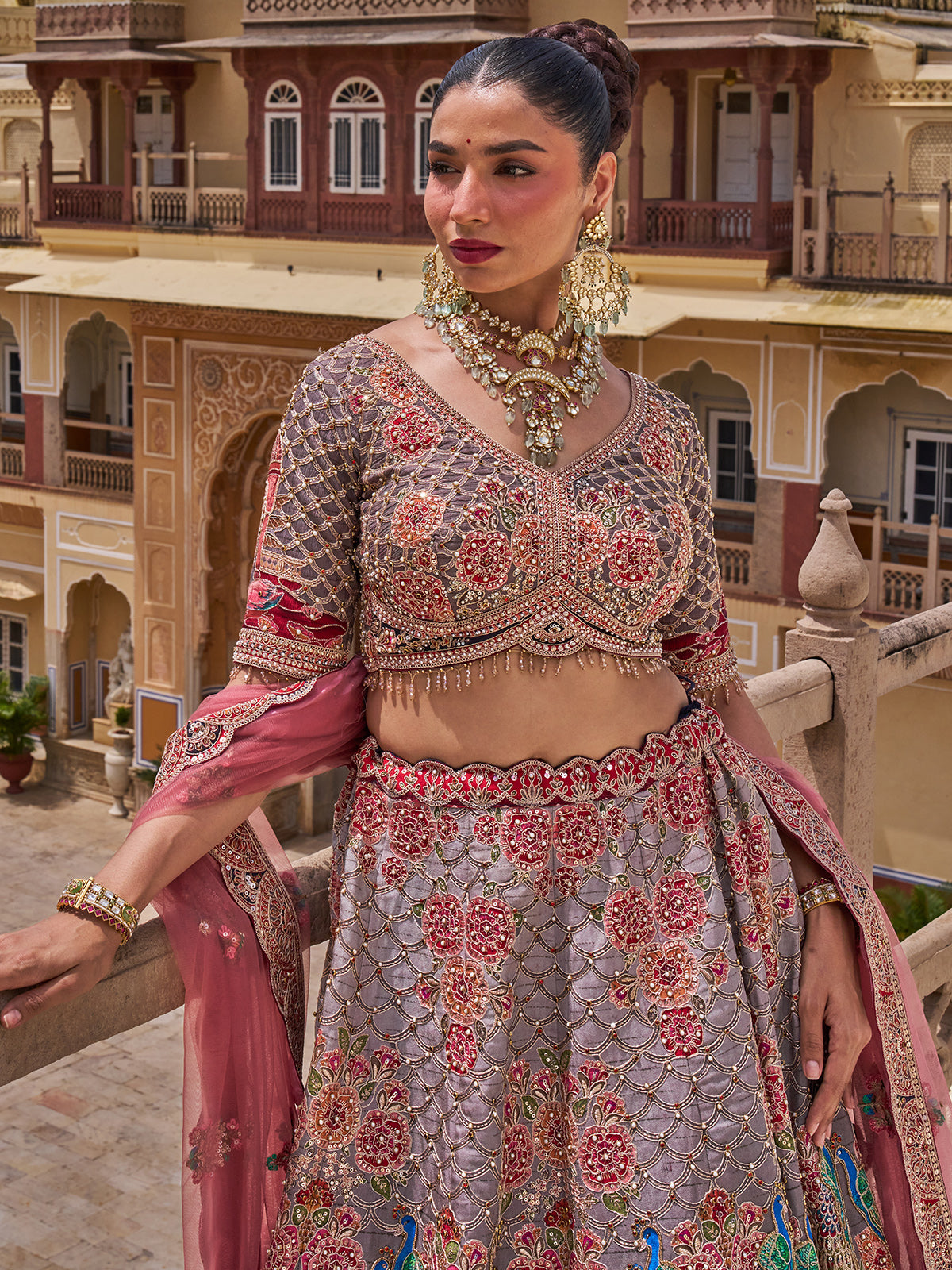 Multi color silk net lehenga choli with resham and sequins