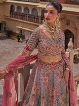 Multi color silk net lehenga choli with resham and sequins