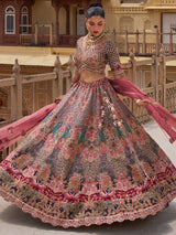 Multi color silk net lehenga choli with resham and sequins