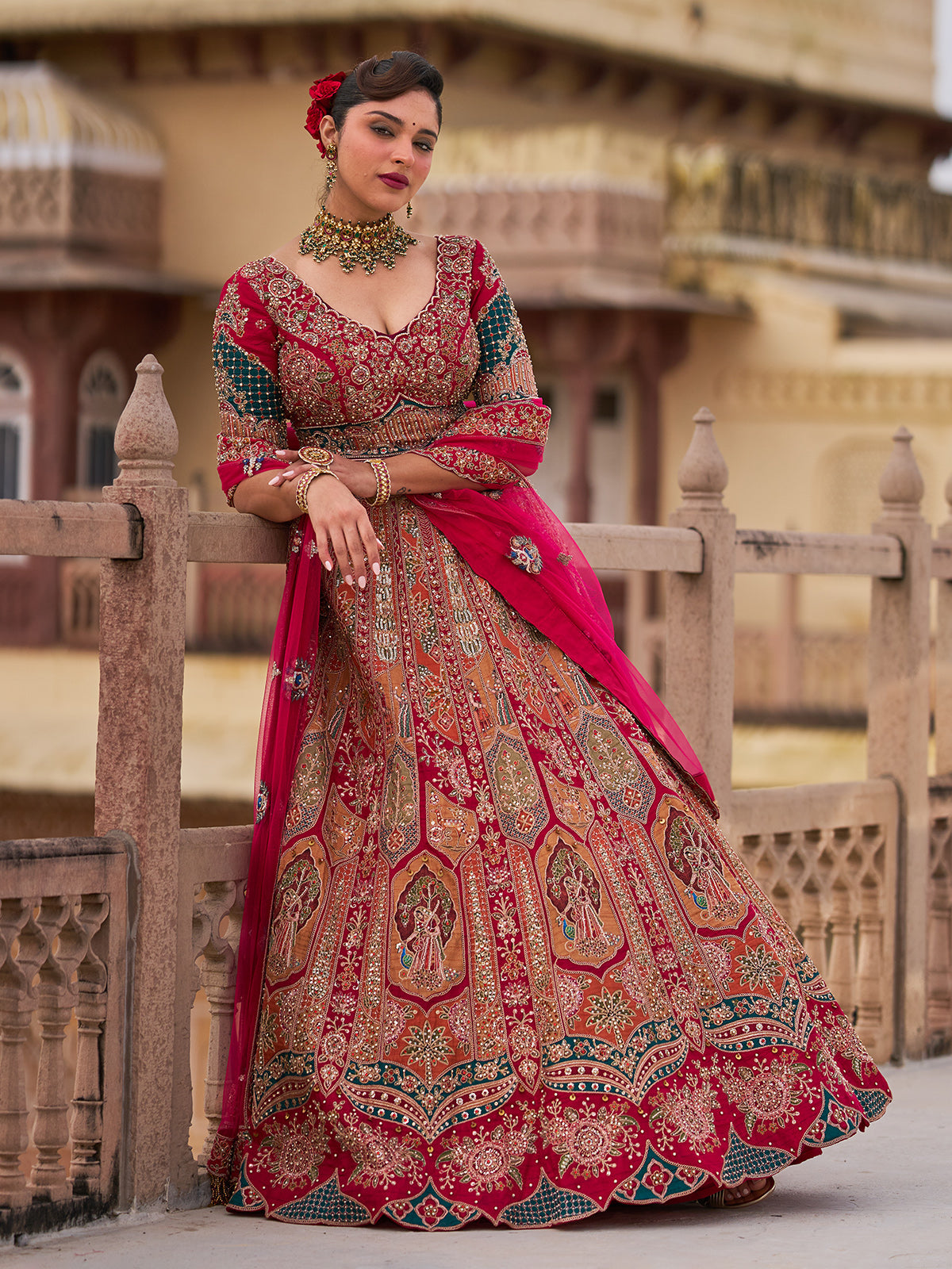 Crimson red silk net bridal lehenga choli