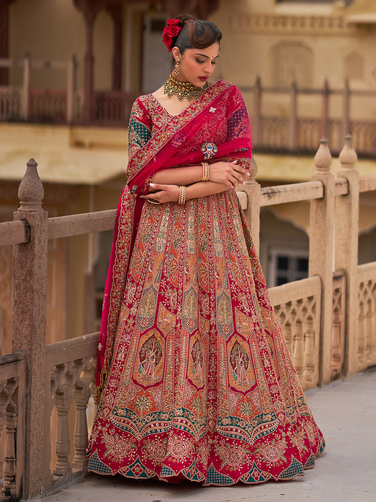Crimson red silk net bridal lehenga choli
