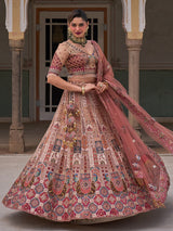 Cream silk net designer lehenga choli with multicolor resham work