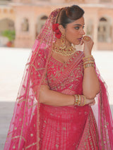 Pink silk net bridal lehenga choli with resham, cutdana and sequin work