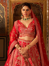 Classic red silk heavy bridal lehenga choli with net dupatta
