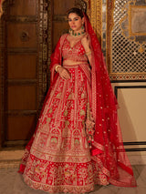 Classic red silk heavy bridal lehenga choli with net dupatta