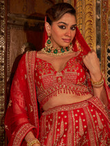 Classic red silk heavy bridal lehenga choli with net dupatta