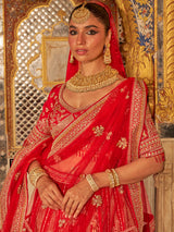 Red silk net bridal lehenga choli with traditional work