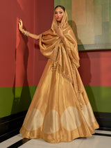 Golden silk lehenga choli with woven motifs and tissue dupatta