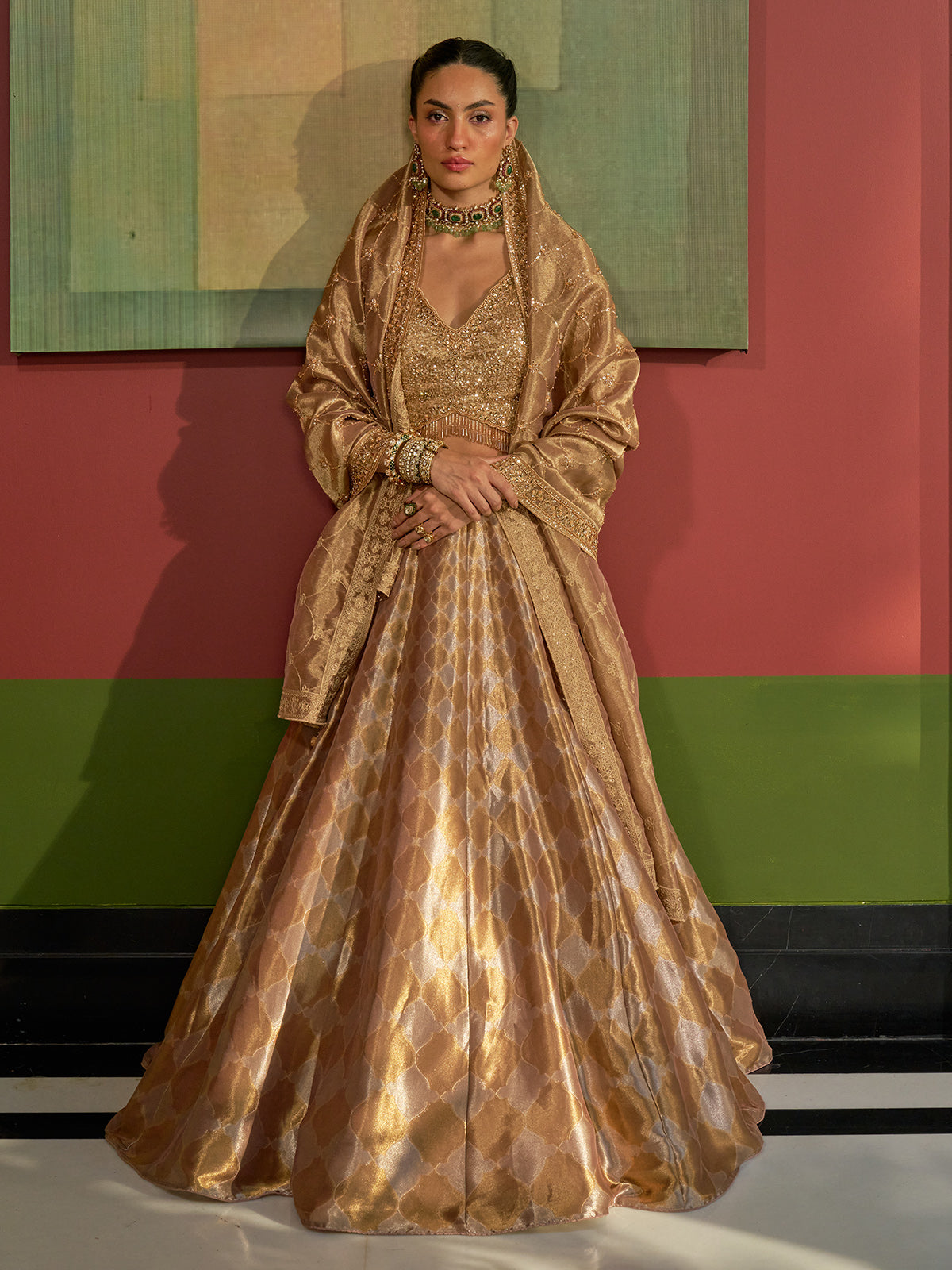 Golden silk designer lehenga choli with cutdana and sequin embellishments