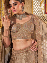 Gold and grey silk lehenga choli with dabka and peacock motifs