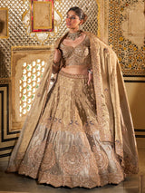 Gold and grey silk lehenga choli with dabka and peacock motifs