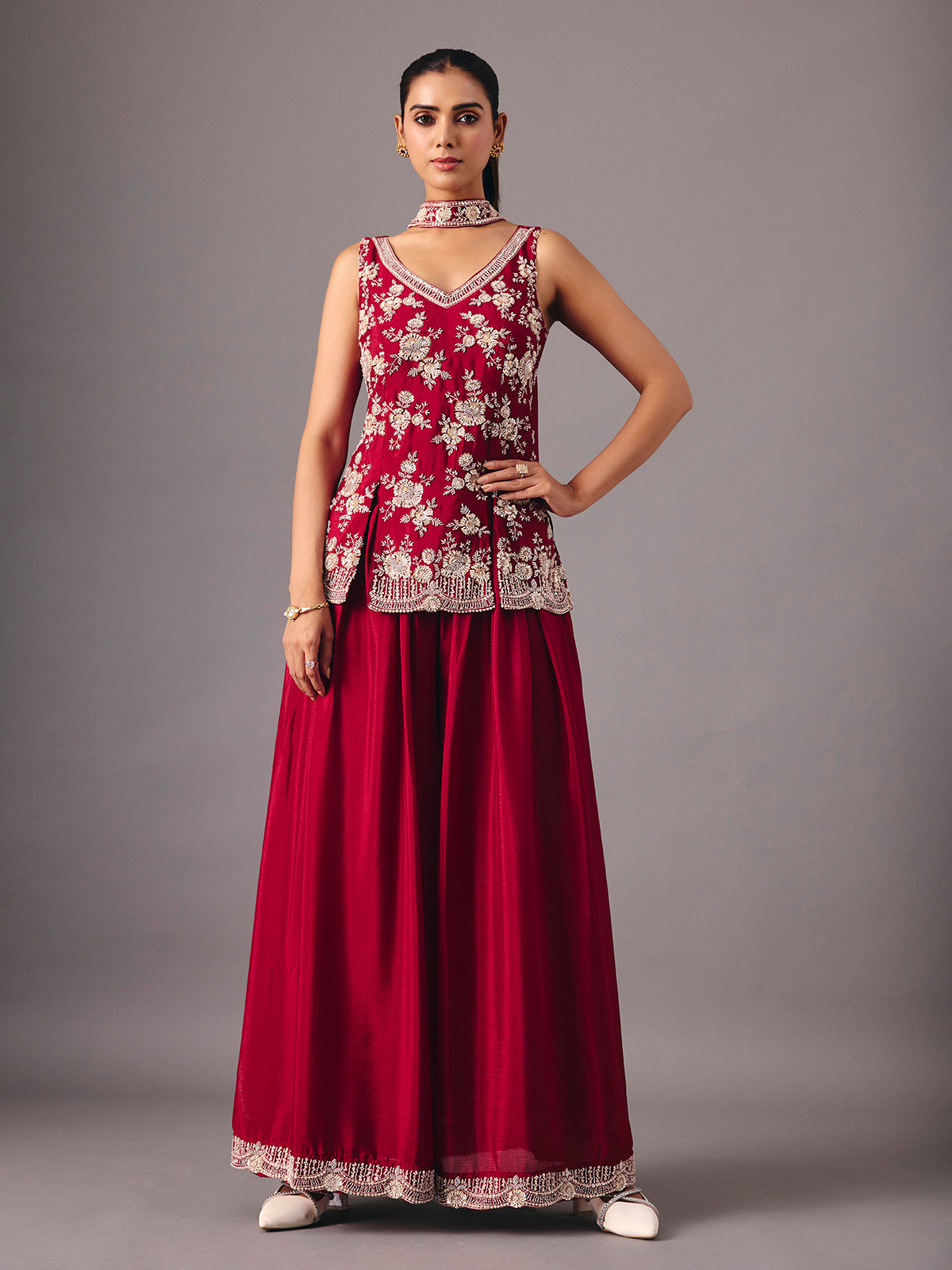 Maroon silk palazzo suit with rich festive detailing