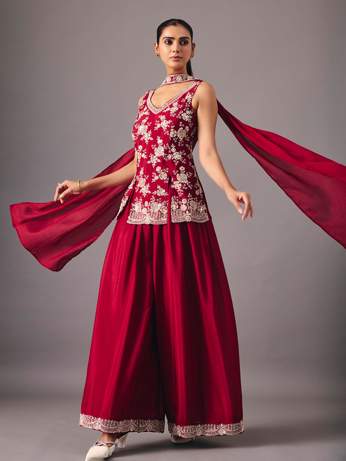 Maroon silk palazzo suit with rich festive detailing