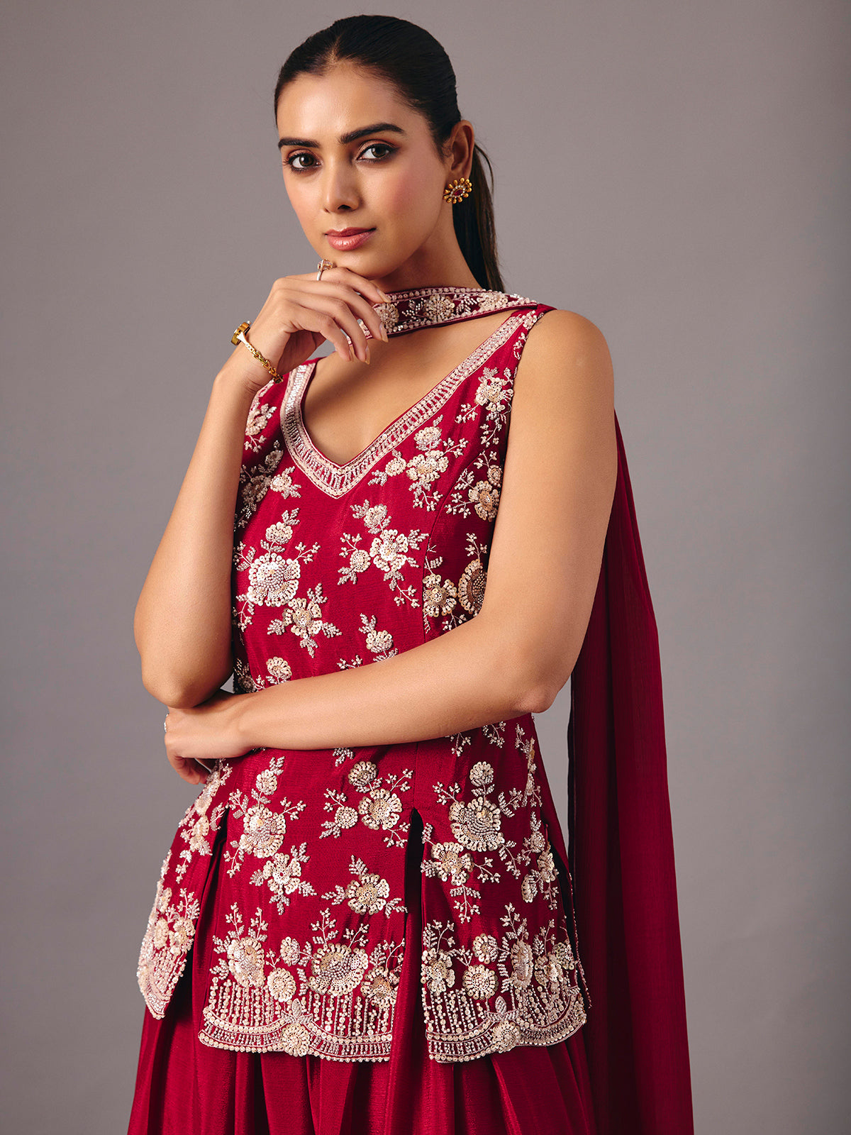 Maroon silk palazzo suit with rich festive detailing