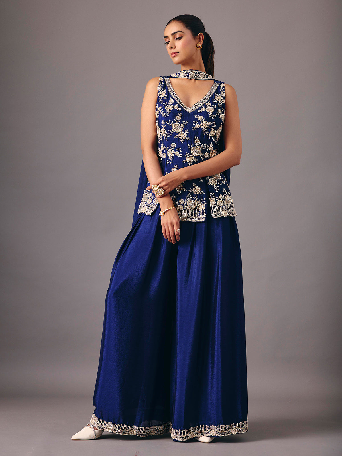 Navy blue silk palazzo suit elegant festive style