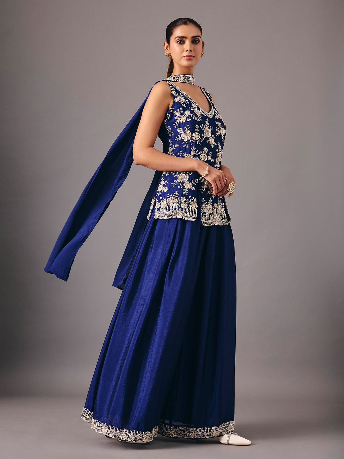 Navy blue silk palazzo suit elegant festive style