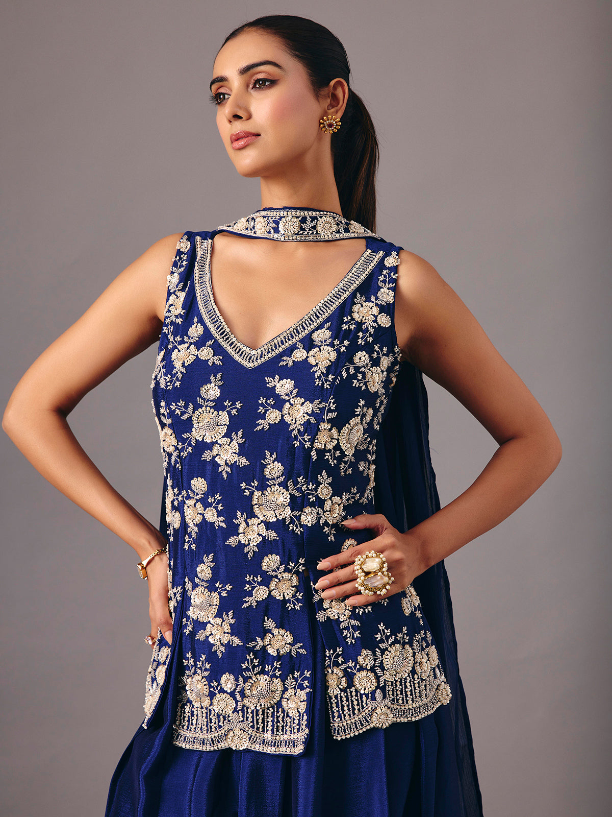 Navy blue silk palazzo suit elegant festive style