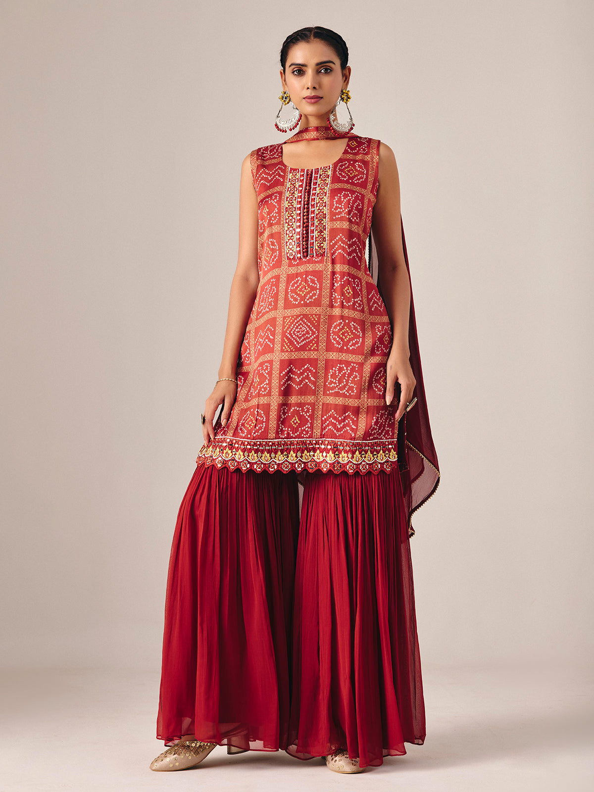 Maroon bandhej printed sharara suit with dupatta