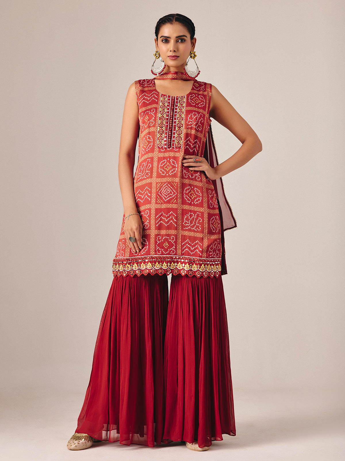 Maroon bandhej printed sharara suit with dupatta