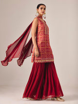Maroon bandhej printed sharara suit with dupatta
