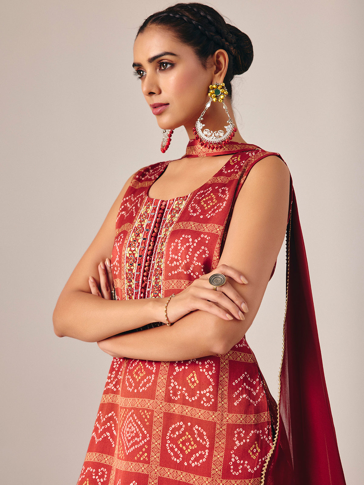 Maroon bandhej printed sharara suit with dupatta
