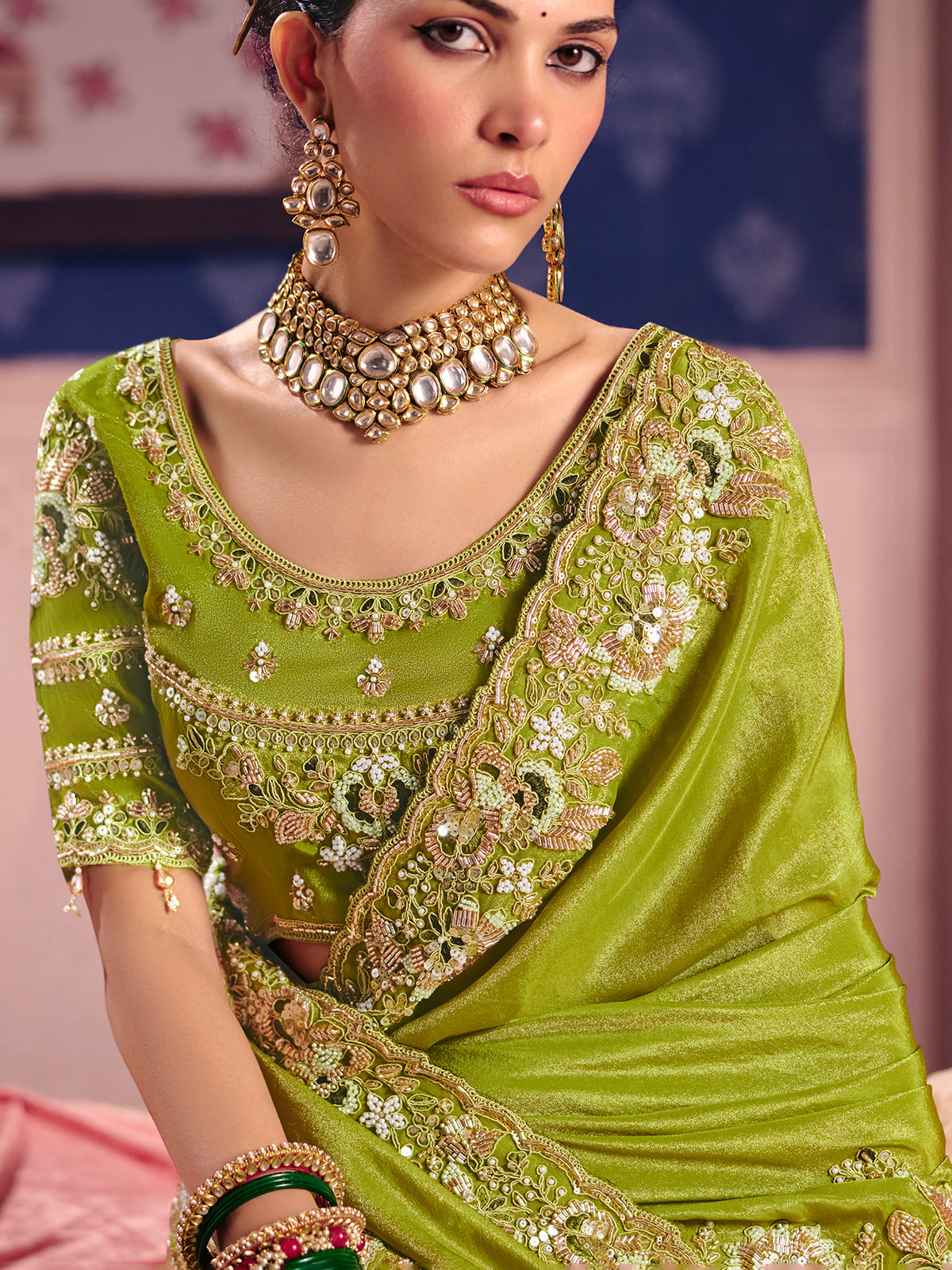 Green viscose zari tissue saree with embellished border