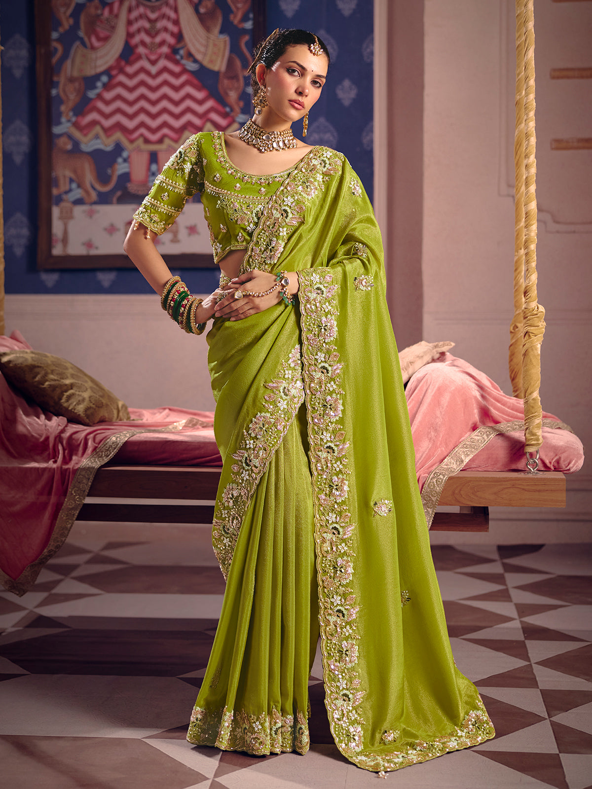 Green viscose zari tissue saree with embellished border