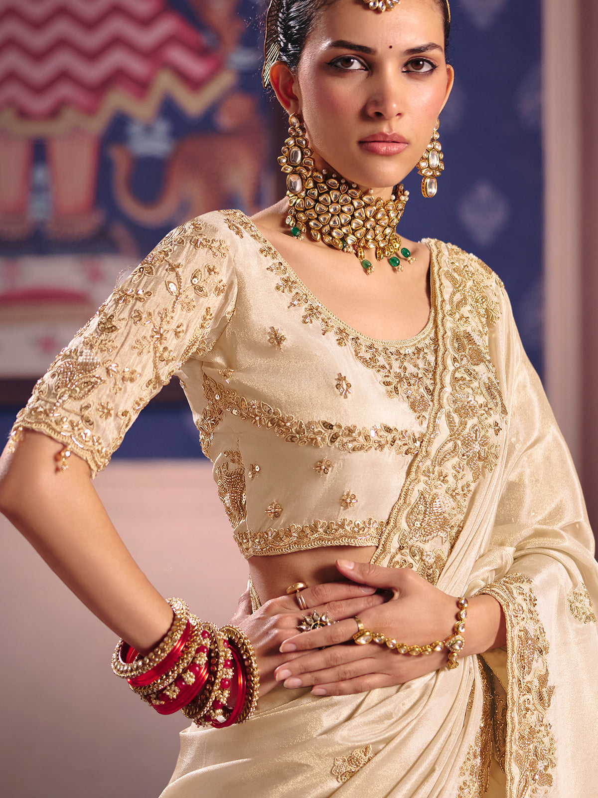 Cream viscose zari tissue saree with embellished border