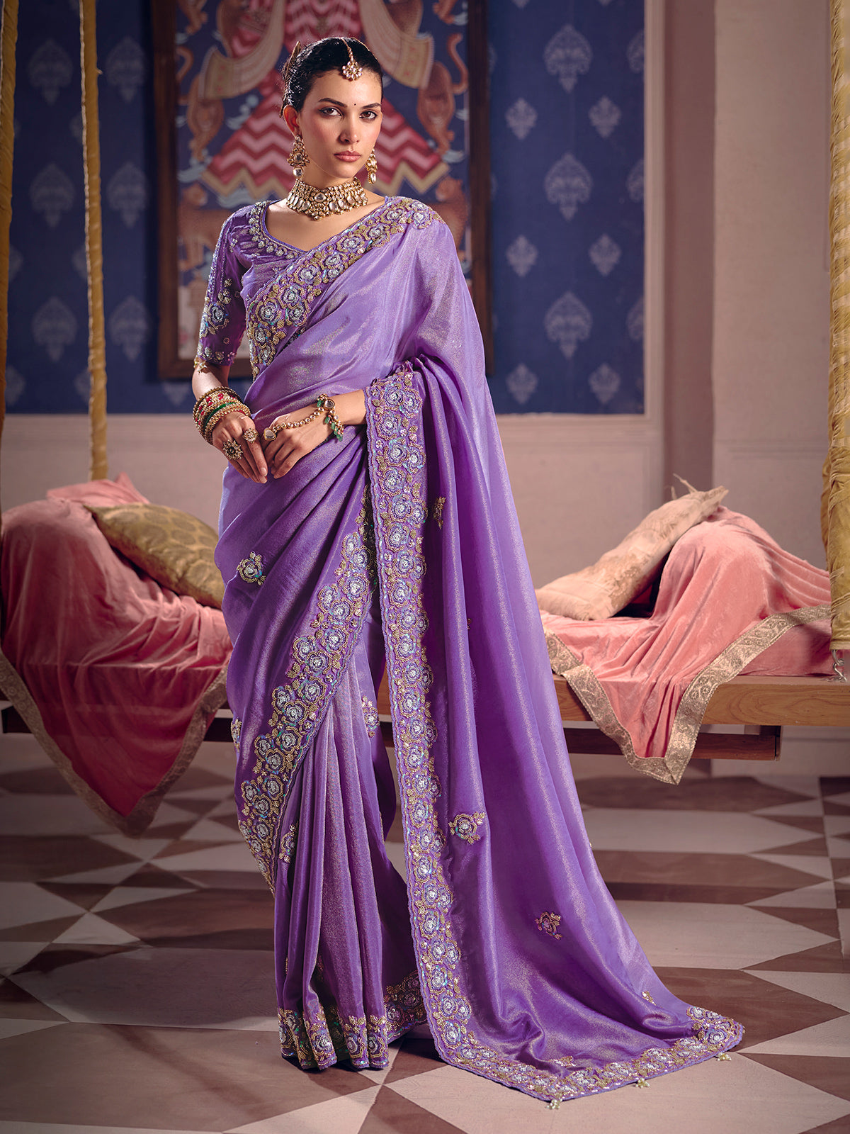 Purple viscose zari tissue saree with embellished border