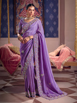 Purple viscose zari tissue saree with embellished border