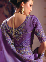 Purple viscose zari tissue saree with embellished border