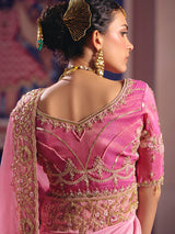 Pink viscose zari tissue saree with embellished border