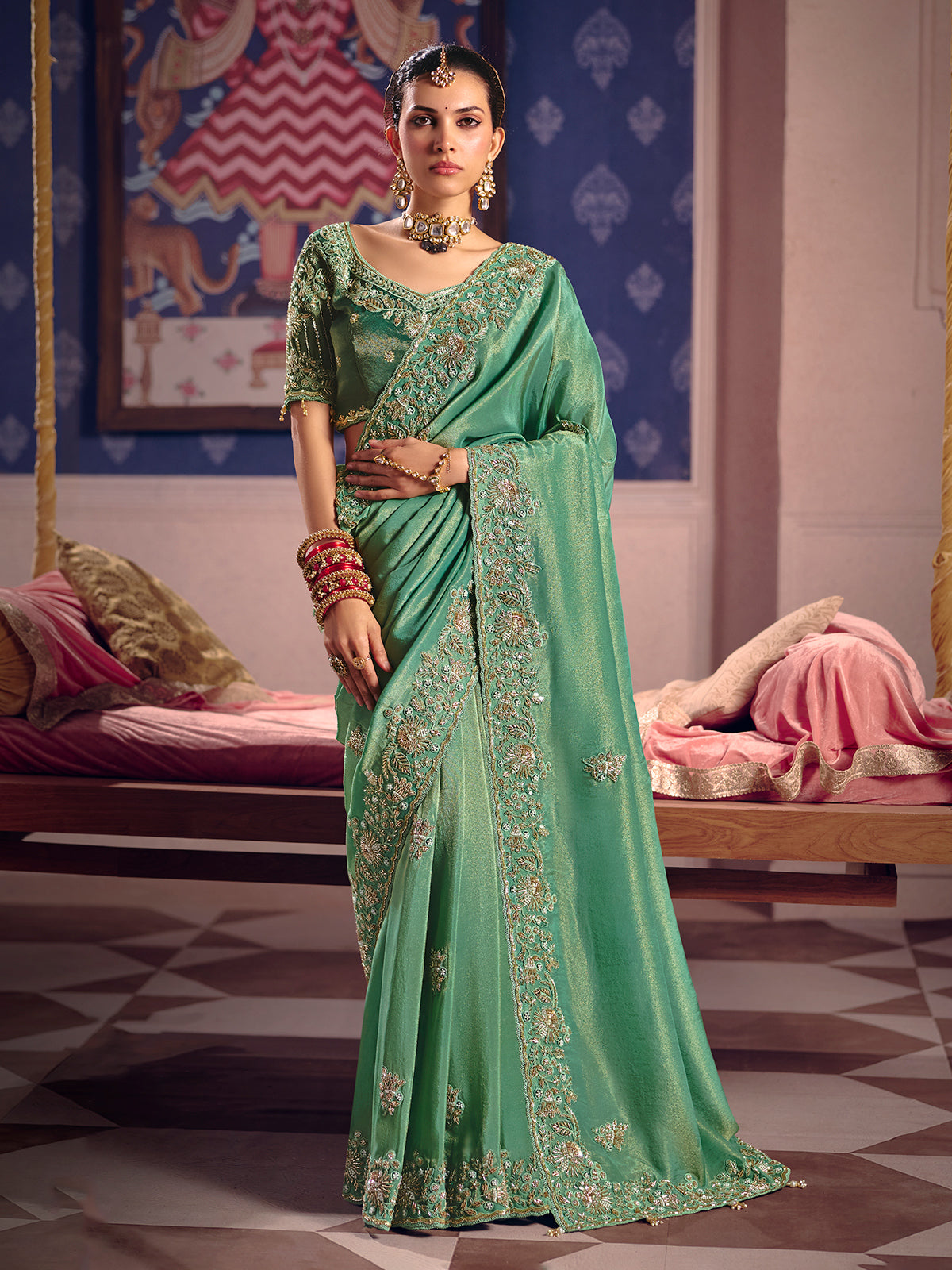 Pastel green viscose zari tissue saree with embellished border