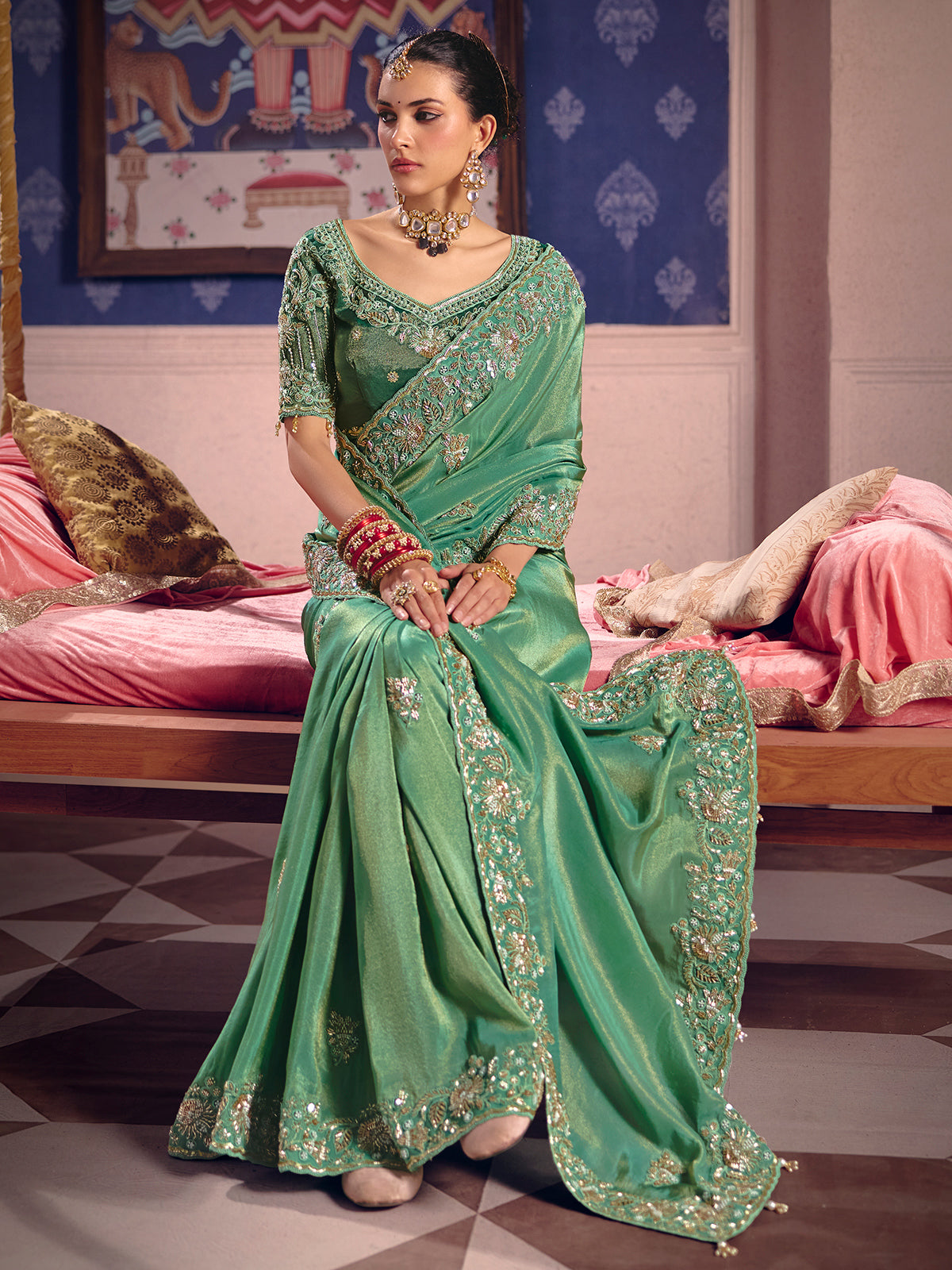 Pastel green viscose zari tissue saree with embellished border