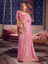 Pink viscose zari tissue saree with embellished border