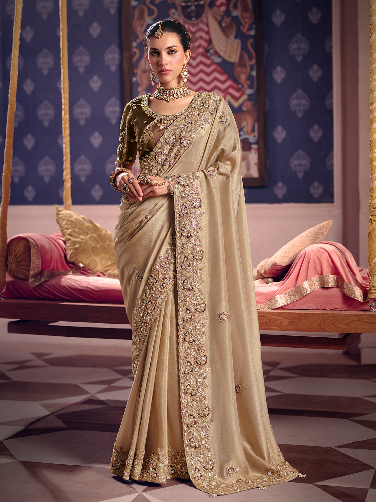 Beige viscose zari tissue saree with embellished border