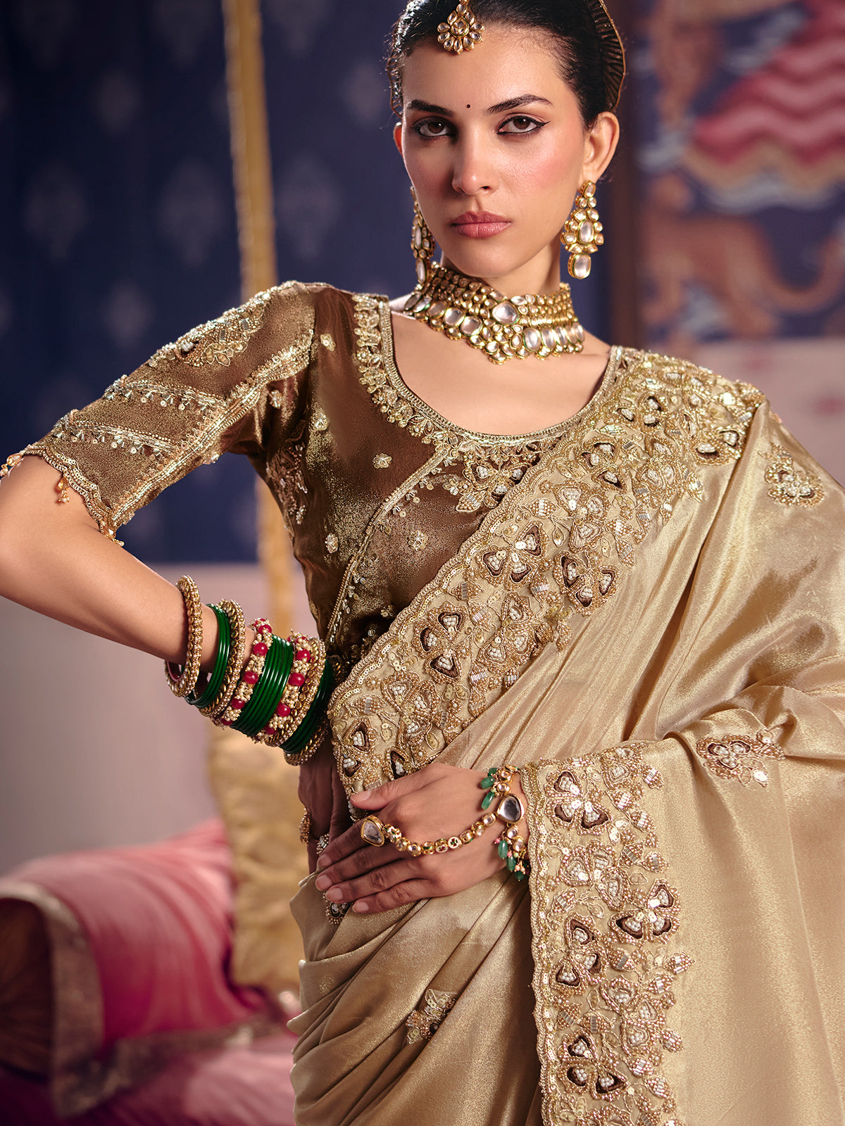 Beige viscose zari tissue saree with embellished border