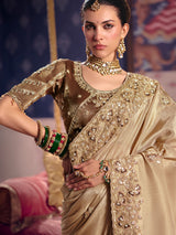 Beige viscose zari tissue saree with embellished border