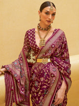 Wine soft organza saree with zari shine for festive