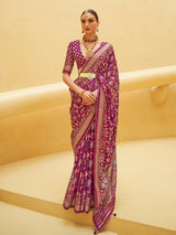 Wine soft organza saree with zari shine for festive
