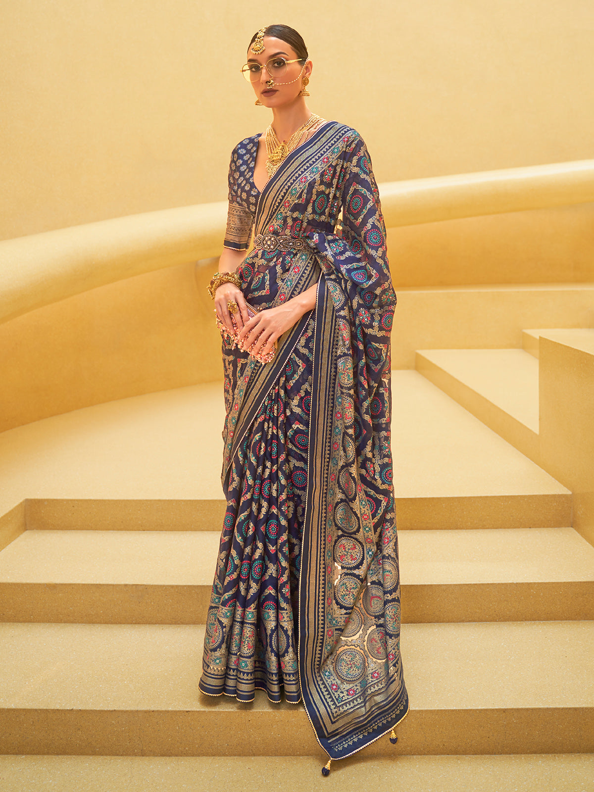 Blue soft organza saree with zari shine