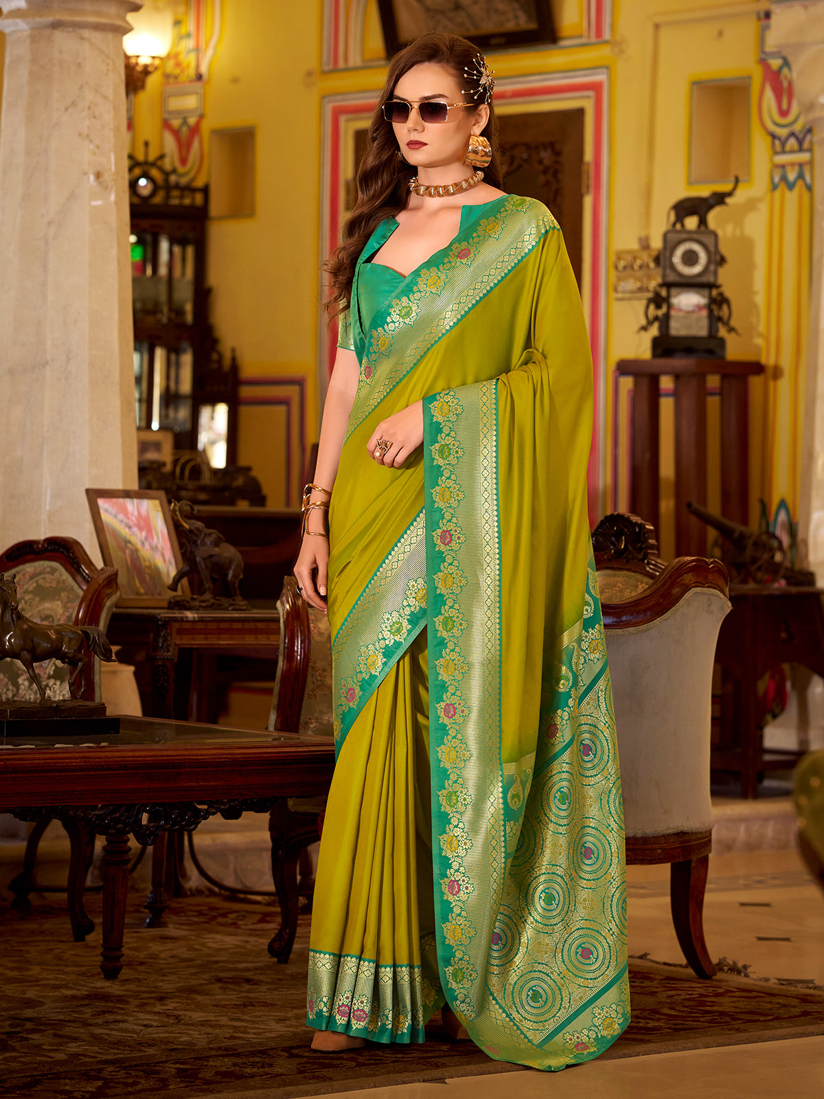 Mehendi olive soft silk zari border occasion saree