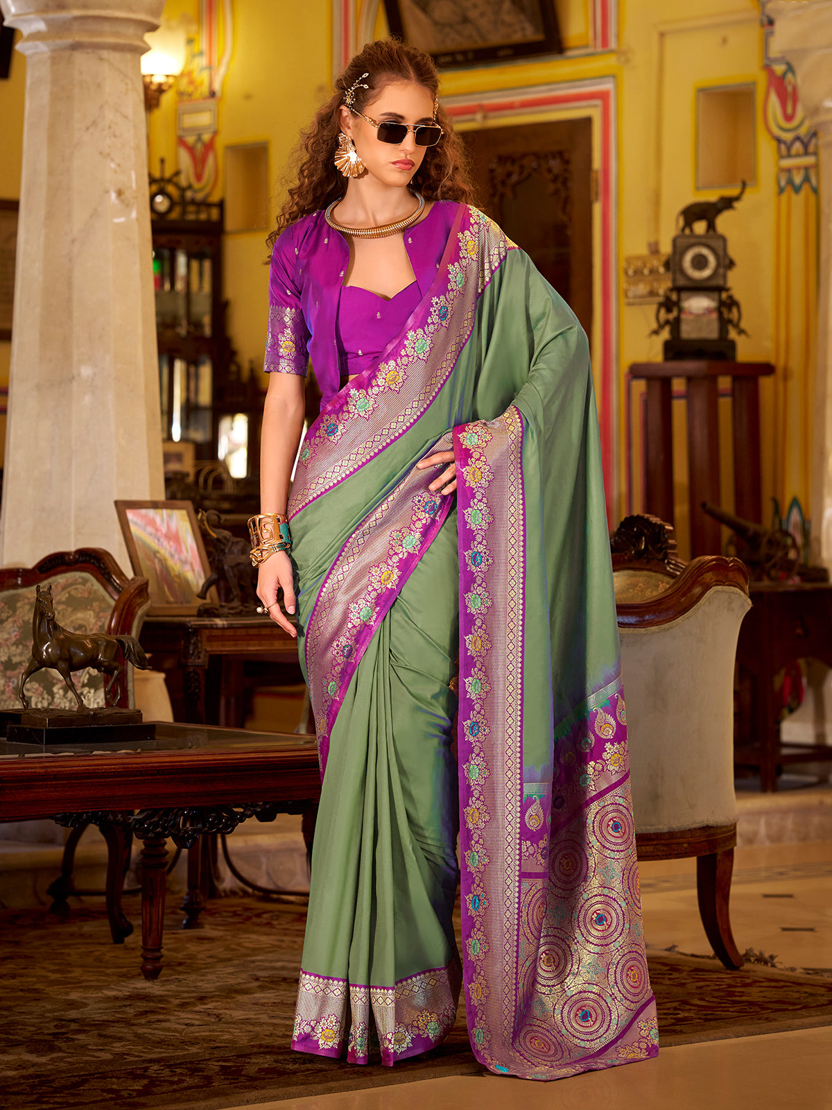 Pista green soft silk festive zari work saree